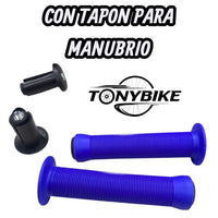 Puños de goma azules TONYBIKESGDL para manubrio de bicicleta con textura estriada y tapones laterales negros.