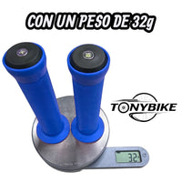 Puños de goma azules TONYBIKESGDL para manubrio de bicicleta con textura estriada y tapones, pesando 32 gramos.