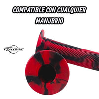 Puños de manubrio TONYBIKESGDL rojos y negros con diseño marmolado, textura estriada antideslizante y ergonómica.