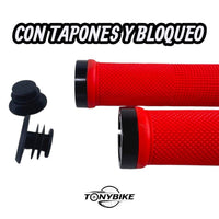 Puños TONYBIKESGDL para bicicleta de montaña en color rojo con textura antideslizante, bloqueo y tapones laterales.