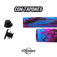 Puños de silicona TONYBIKESGDL para bicicleta con patrón geométrico antideslizante en colores azul y rosa jaspeado.