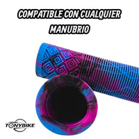 Puños de silicona TONYBIKESGDL para bicicleta con patrón geométrico antideslizante en colores azul y rosa jaspeado.