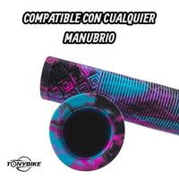 Puños de silicona TONYBIKESGDL con patrón geométrico antideslizante en colores azul, rosa y negro para bicicleta.