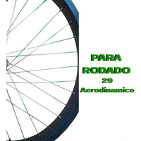 Set de radios TONYBIKESGDL para bicicleta rodado 29 con acabado iridiscente tipo arcoíris y diseño aerodinámico.