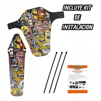 Juego de salpicaderas TONYBIKESGDL con diseño de monstruos coloridos, incluye kit de instalación y manual.