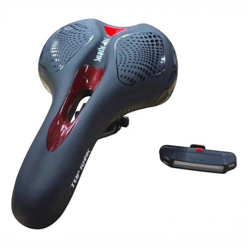 Sillín anatómico TONYBIKESGDL negro con detalles rojos, acolchado ergonómico y luz trasera de seguridad integrada.