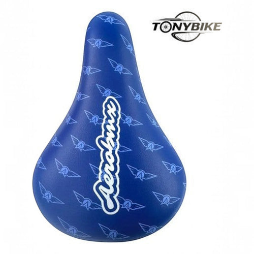 Sillín Aerobmx TONYBIKESGDL azul con estampado de alas blancas, diseño ergonómico y ligero para bicicleta urbana.