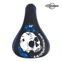 Sillín de bicicleta TONYBIKESGDL Windsor con estampado de calaveras en azul y negro, diseño urbano y costuras reforzadas.