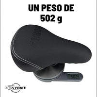 Sillín de bicicleta TONYBIKESGDL negro ergonómico con costuras blancas y superficie texturizada pesando 502 gramos.