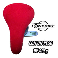 Sillín de bicicleta TONYBIKESGDL ergonómico en color rojo vibrante con superficie texturizada y peso de 419 gramos.