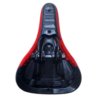 Vista inferior del sillín profesional TONYBIKESGDL para bicicleta de montaña en color rojo con base ergonómica negra
