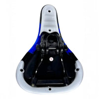 Vista inferior del sillín TONYBIKESGDL Gorilla para bicicleta urbana con estructura de montaje negra y base azul