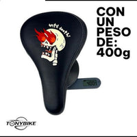 Sillín TONYBIKESGDL negro para BMX con gráfico de calavera Until Death y costuras reforzadas sobre báscula digital