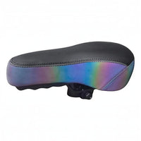 Sillín BMX TONYBIKESGDL negro mate con borde iridiscente reflectante y diseño ergonómico resistente para trucos.