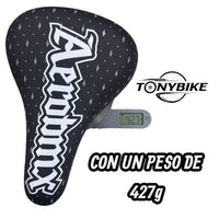 Sillín TONYBIKESGDL Aerobmx negro con patrón de diamantes y logotipo blanco, diseño ergonómico ligero de 427 gramos.