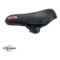Sillín de bicicleta BMX TONYBIKESGDL en color negro mate con diseño Killer BMX y costuras reforzadas.