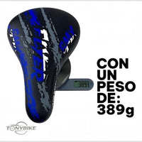 Sillín deportivo TONYBIKESGDL Top Rank Flyer negro con gráficos azules, diseño ergonómico y peso ligero de 389 gramos.