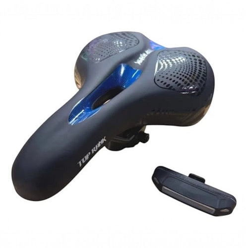 Sillín ergonómico TONYBIKESGDL negro con detalles azules, apertura central y luz trasera de seguridad incluida.