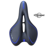 Sillín ergonómico TONYBIKESGDL negro con detalles azules, acolchado de gel y canal central de ventilación para ciclismo.