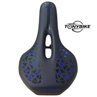 Sillín ergonómico TONYBIKESGDL negro mate con patrón geométrico azul y abertura central para ciclismo de montaña