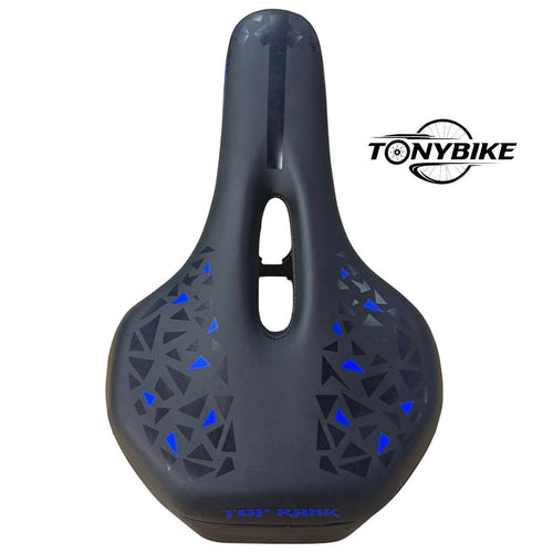 Sillín ergonómico TONYBIKESGDL negro mate con patrón geométrico azul y abertura central para ciclismo de montaña