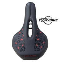 Sillín ergonómico TONYBIKESGDL negro mate con detalles geométricos rojos y ranura central para ciclismo MTB o ruta
