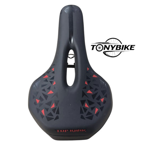 Sillín ergonómico TONYBIKESGDL negro mate con detalles geométricos rojos y ranura central para ciclismo MTB o ruta