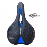 Sillín ergonómico TONYBIKESGDL negro con detalles azules, apertura central transpirable y diseño deportivo