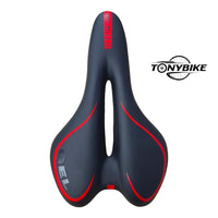Sillín anatómico de gel TONYBIKESGDL en color negro con detalles rojos y canal central para ciclismo MTB o carretera