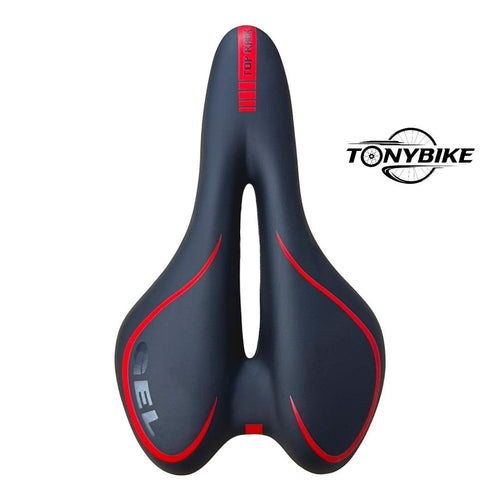 Sillín anatómico de gel TONYBIKESGDL en color negro con detalles rojos y canal central para ciclismo MTB o carretera