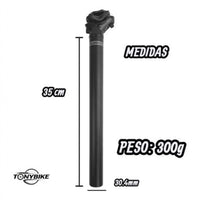 Tija de sillín TONYBIKESGDL de aluminio negro mate, 35 cm de largo y 30.4 mm de diámetro con cabeza ajustable.